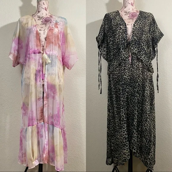 Sz: XXL/XXXL (2X-3X) Dark Leopard Print & Tie-Dye Multi-Color Swim Cover Kimonos - Picture 3 of 14